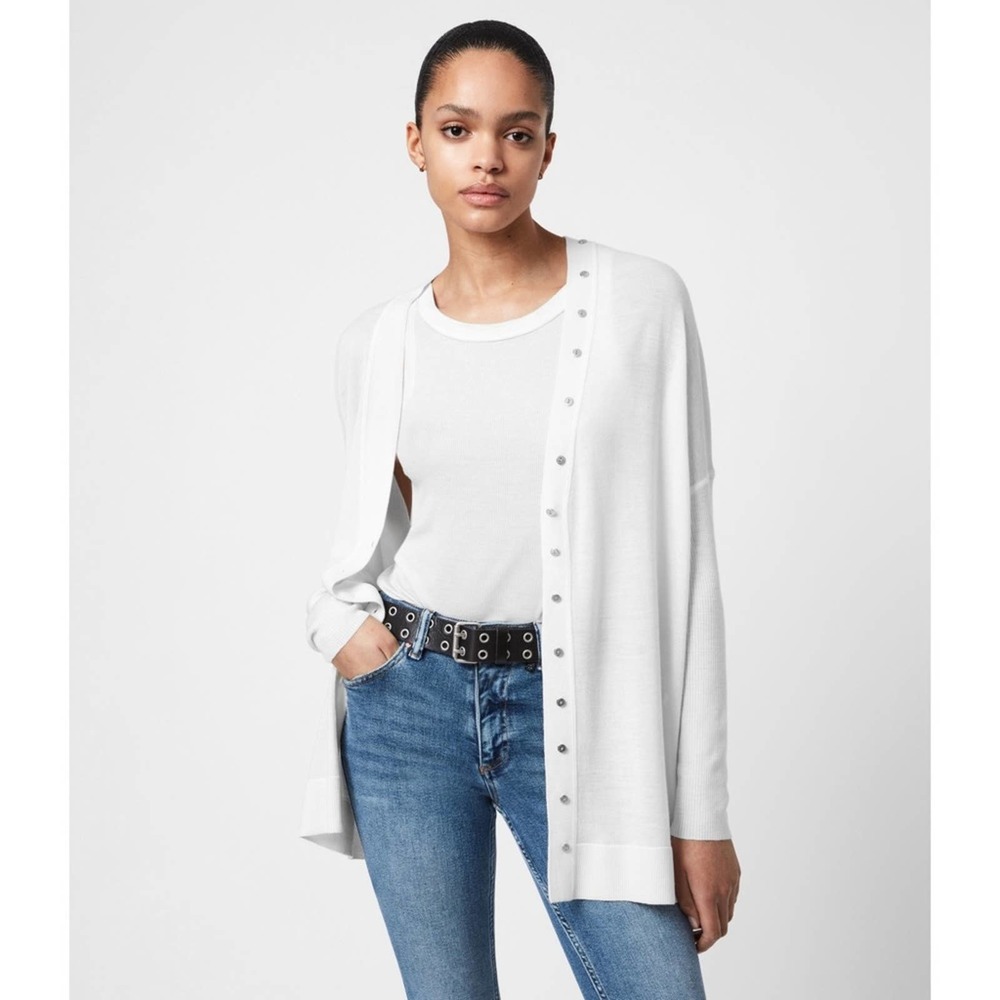 All Saints Afelia Cardigan Merino Wool Long Sweater White Beige Large NWT